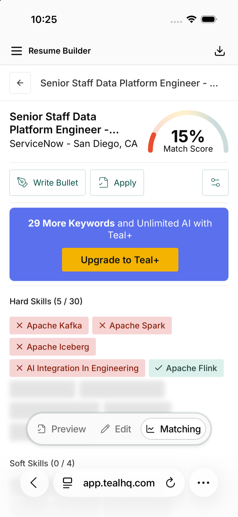 The same score screen after saving one generated bullet: 15 percent, Hard Skills 5 of 30, and Apache Flink now the only keyword shown as present.
